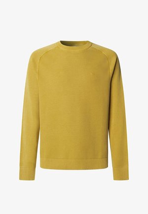 Dzeltena sporta džemperis ar apaļu izgriezumu, garām raglāna piedurknēm, teksturētu audumu, ribveida aprocēm un apakšmalu, krūtīs neliela reljefa logo.