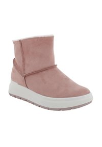 Stivaletti alla caviglia in suede rosa con una texture liscia, dotati di suola in gomma bianca e di una striscia in velcro per una chiusura facile. Design minimalista.