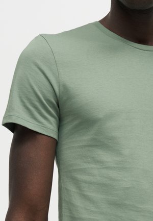 Nahaufnahme einer Person, die ein schlichtes hellgrünes T-Shirt mit kurzen Ärmeln und Rundhalsausschnitt trägt, das den oberen Torso und den Arm zeigt.