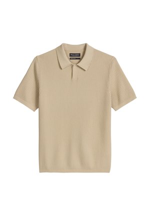 Beige kurzärmeliges Polohemd aus geripptem Strick mit Kragen und Zwei-Knopf-Leiste, aus Bio-Baumwolle gefertigt.