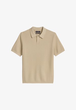 Beige, kortärmige geribbelde poloshirt van biologisch katoen met kraag en twee knoopjes sluiting.