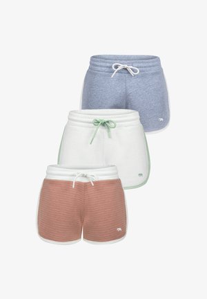 Kolmikutset lühikesed püksid: helesinine, valge piparmündi aktsentidega ja oranž triibuline. Pehme kangas, paelaga vöökoht, kontrastsed ääred ja logodetail.