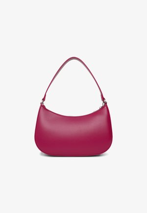 Borsa hobo in pelle rosa acceso con texture liscia, forma curva e tracolla piatta; dotata di chiusura a zip nella parte superiore.
