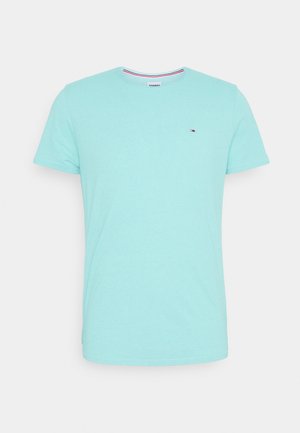 Jasnozielony t-shirt z bawełny z okrągłym dekoltem, krótkimi rękawami i małym haftowanym logo na piersi. Gładka tekstura, luźny krój.