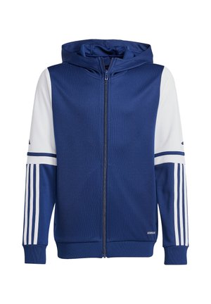 Dunkelblaue Zip-Hoodie mit weißen Akzenten, die zwei weiße Streifen an jedem Ärmel und eine Kordelzugkapuze aufweist. Weicher, strukturierten Stoff.