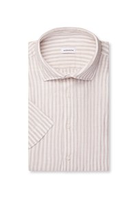 Chemise à manches courtes pliée avec des rayures verticales beiges et blanches et un col classique.