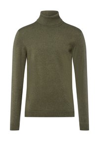 Olivgrüner Rollkragenpullover aus weichem Strickstoff, mit langen Ärmeln und geripptem Kragen sowie Saum. Schlichte, taillierte Passform.
