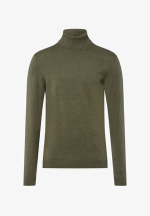 Olivgrüner Rollkragenpullover aus weichem Strickstoff, mit langen Ärmeln und geripptem Kragen sowie Saum. Schlichte, taillierte Passform.