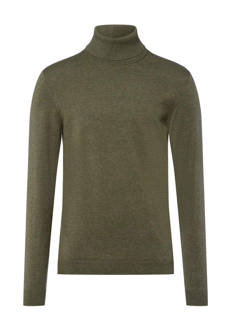 Olivgrüner Rollkragenpullover aus weichem Strickstoff, mit langen Ärmeln und geripptem Kragen sowie Saum. Schlichte, taillierte Passform.