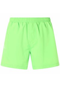 Costumi da bagno verdi con elastico in vita, realizzati in tessuto leggero. Presentano un design minimalista con un logo bianco sul lato.