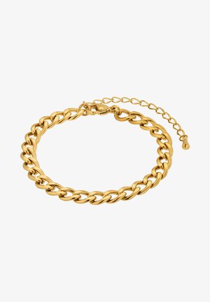 Bracelet en métal doré avec un design de chaîne épaisse, comportant des maillons polies et une fermeture à crochet, comprenant une extension de chaîne ajustable.