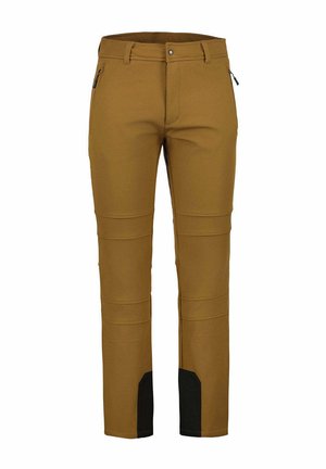 Pantaloni da esterno marroni con tasche laterali con cerniera e rinforzi neri sulle parti inferiori interne delle gambe, progettati per la durabilità.