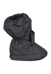 Czarne, ocieplane botki z marszczonym wykończeniem na górze oraz regulowanym paskiem, z zaokrąglonym noskiem i płaską podeszwą dla stabilności. Wytrzymała tekstura materiału.