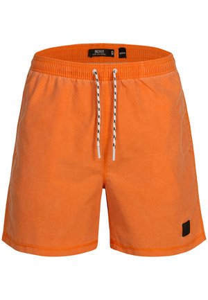 Orange Badehosen aus leichtem Material, mit einem elastischen Bund und Zugbändern sowie einem kleinen schwarzen Logopatch.