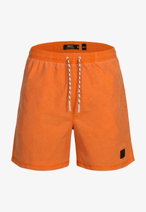 Orange Badehosen aus leichtem Material, mit einem elastischen Bund und Zugbändern sowie einem kleinen schwarzen Logopatch.