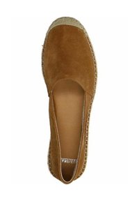 Brown suede espadrille flat shoe with a natural jute trim and a rounded toe; features a smooth interior and a simple slip-on design.