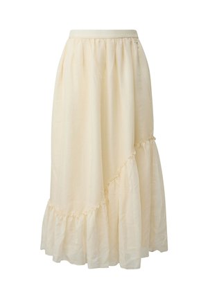 Roomkleurige, vloeiende rok met ruches langs de zoom, voorzien van een geplooide tailleband en een asymmetrisch gelaagd ontwerp.