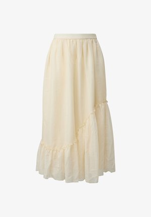 Roomkleurige, vloeiende rok met ruches langs de zoom, voorzien van een geplooide tailleband en een asymmetrisch gelaagd ontwerp.