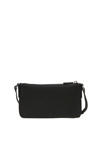Schwarze Leder-Clutch mit rechteckiger Form, Reißverschluss, abnehmbarem Tragegurt und strukturiertem Oberflächenmaterial. Einfaches, minimalistisches Design.