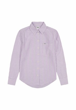Herren-Langarmhemd mit Knopfleiste, vertikalen lavendelfarbenen und weißen Streifen, einer Brusttasche vorne und einem spitzen Kragen.
