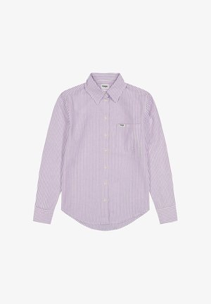 Herren-Langarmhemd mit Knopfleiste, vertikalen lavendelfarbenen und weißen Streifen, einer Brusttasche vorne und einem spitzen Kragen.
