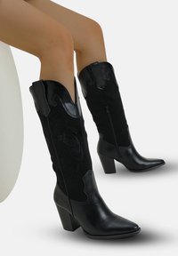 Botas de vaquero negras que combinan cuero y ante, con punta afilada, caña media, y un cierre con cremallera acompañado de acentos decorativos.