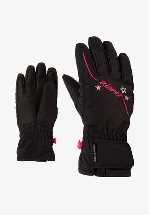 Gants noirs avec une paume texturée, un poignet élastiqué et des accents roses ornés d'étoiles brodées ; conçus pour la chaleur et la flexibilité.