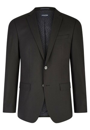 Schwarzer Blazer mit strukturiertem Design, zwei vorderen Taschen, Ein-Knopf-Verschluss und gemusterter Fütterung. Verfügt über einen Reverskragen und taillierte Passform.