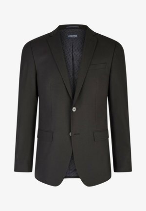 Zwarte blazer met een gestructureerd ontwerp, twee voorzakken, een enkel knoopsluiting en met een patroon gevoerde voering. Heeft een notch-kraag en een getailleerde pasvorm.