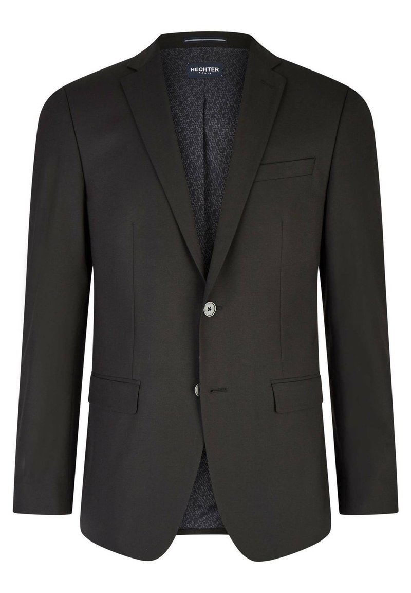 Schwarzer Blazer mit strukturiertem Design, zwei vorderen Taschen, Ein-Knopf-Verschluss und gemusterter Fütterung. Verfügt über einen Reverskragen und taillierte Passform.