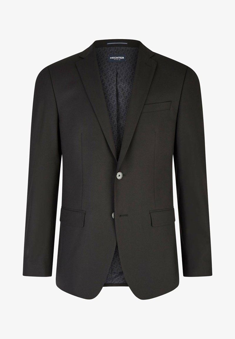 Schwarzer Blazer mit strukturiertem Design, zwei vorderen Taschen, Ein-Knopf-Verschluss und gemusterter Fütterung. Verfügt über einen Reverskragen und taillierte Passform.