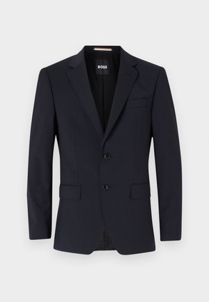 Blazer elegant de culoare bleumarin, cu reveruri crenelate, închidere cu două nasturi, buzunare frontale și un buzunar pe piept. Țesătură netedă, croială structurată.
