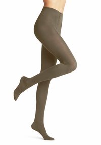 Collant verde oliva con una texture liscia, vita alta e design senza cuciture, che si estende fino alla caviglia con una vestibilità aderente.