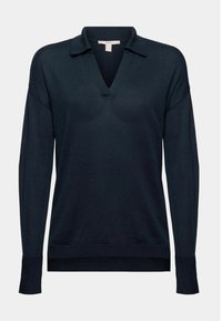 Pull en maille bleu marine à manches longues avec un col en V et des poignets et ourlet côtelés.