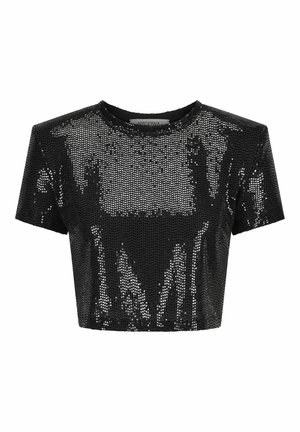 Top noir court en tissu pailleté, avec un col rond et des manches courtes. La texture est brillante et réfléchissante.