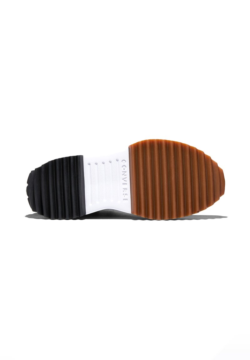 Shoe sole with ribbed tread in black, white, and brown sections, featuring "CONVERSE" text embossed in the center white area.