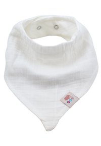 Bavoir en coton blanc de forme triangulaire, avec une fermeture à pression visible et une petite étiquette cousue présentant un motif d'éléphant rose.