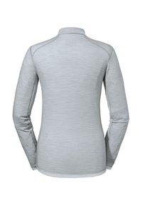 Helles graues Langarmshirt mit hohem Kragen, das eine strukturierte Oberfläche und flache Nähte entlang des Rückens für Komfort und Bewegungsfreiheit aufweist.