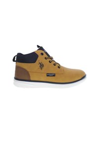 Pantofi din piele maro, de tip mid-top, cu accente negre, vârf rotunjit, sistem de închidere cu șireturi, guler căptușit și talpă din cauciuc. Prezintă logo pe lateral.
