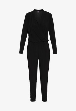 Black jumpsuit with long sleeves, wrap-front design, elastic waistband, and tapered legs. Smooth fabric with no visible patterns or accents.