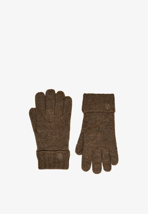 Braune gestrickte Wollhandschuhe mit gerippten Bündchen und einem kleinen, in der Nähe des Handgelenks eingestickten Logo, flach liegend mit ausgestreckten Fingern.