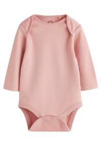 Šviesiai rožinė ilgomis rankovėmis bodis, pagamintas iš minkštos medvilnės. Turi apvalų iškirpimą ir spausdinimo uždarymą apačioje, kad būtų lengviau apsirengti.