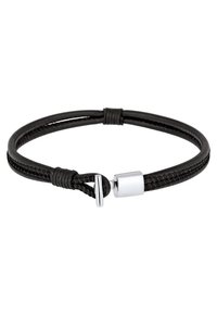Brățară din piele împletită neagră, cu un închizător și elemente metalice din argint. Design simplu, circular, cu o textură netedă și accente minime.