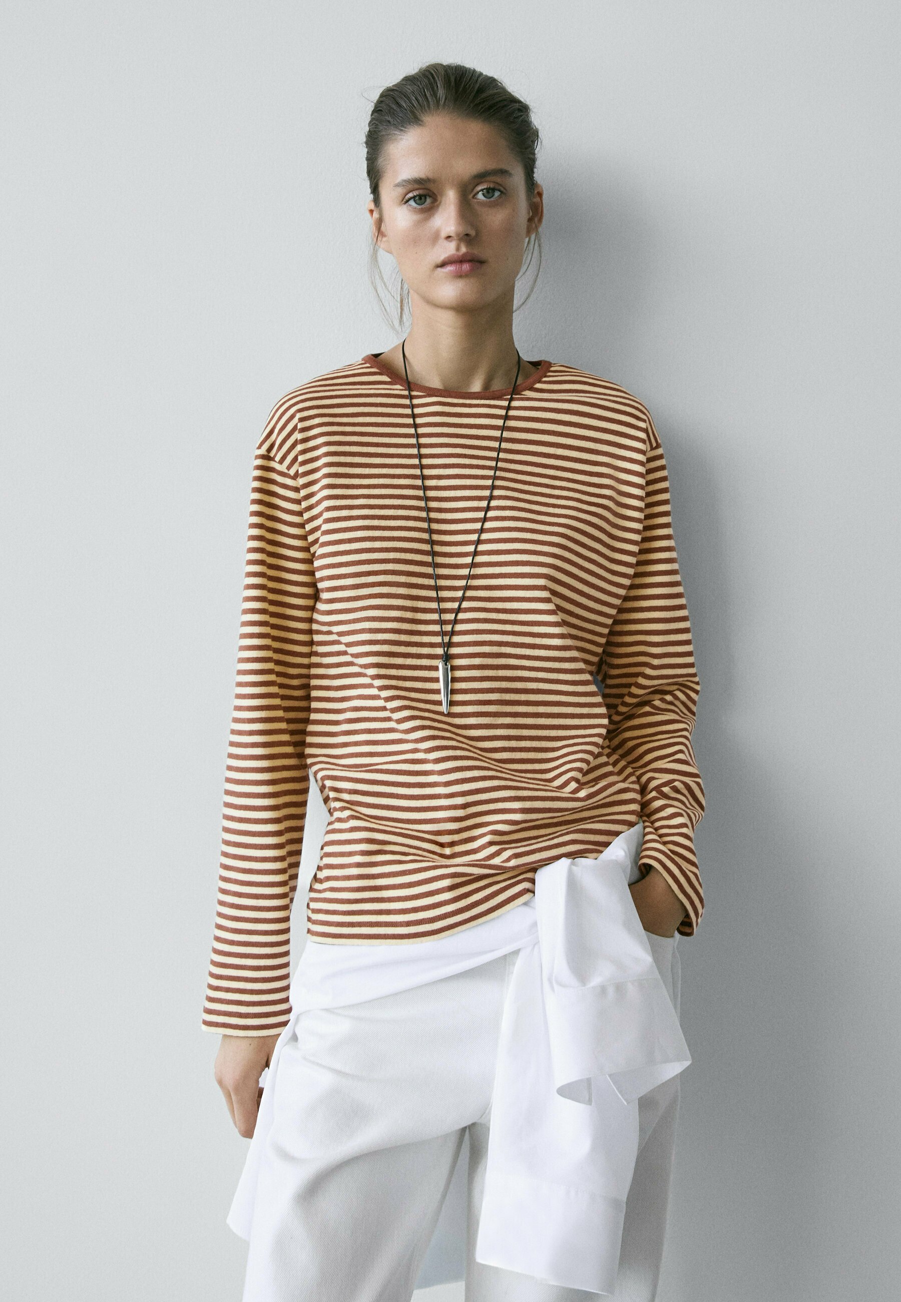 Massimo Dutti STRIPED - Long sleeved top - brown - Zalando.co.uk