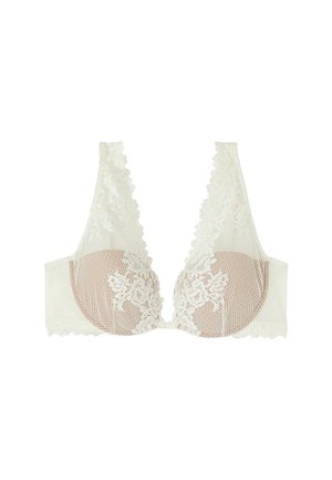 Spetsbralette med genomskinliga mesht kopp, vågiga kanter och blommönster. Färgen är off-white med beige detaljer. Slät tyg underband.