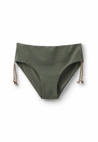 Bikini spodní díl v olivově zelené barvě s texturovanou tkaninou a pletenými hnědými třásněmi na každé straně, nabízející design s středním krytím.
