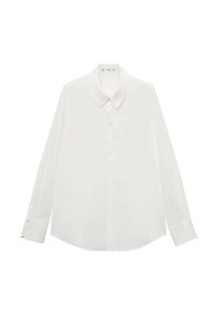 Langärmlige weiße Bluse aus glattem Stoff, mit spitzem Kragen und Knopfmanschetten, geradem Saum und ohne Muster.