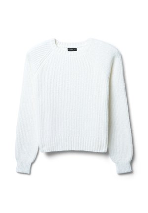 Weißer Strickpullover mit strukturiertem, geripptem Design. Verfügt über einen Rundhalsausschnitt, lange Raglanärmel und einen verkürzten Saum.