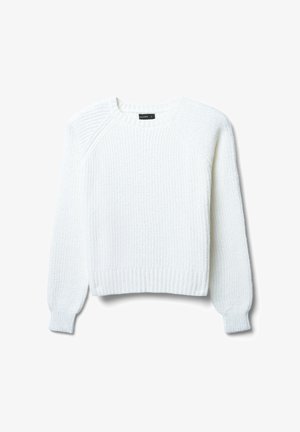 Pull en tricot blanc avec un design texturé à côtes. Doté d'un col rond, de longues manches raglan et d'une taille cropped.