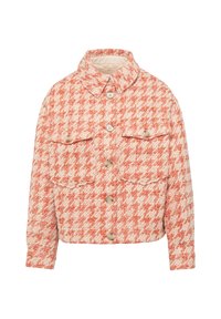 Rood en wit houndstooth-patronen jack van textuurstof, met een kraag, twee voorzakken en knoopsluitingen.